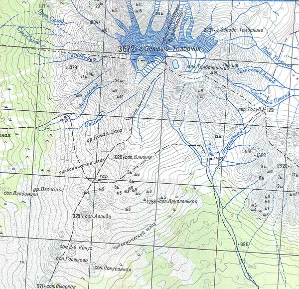 Толбачинский вулканический массив на топографической карте