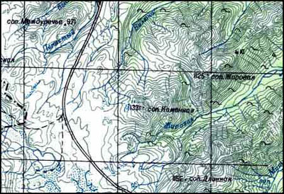 Вулкан Жировской (сопка Жировая) на топографической карте