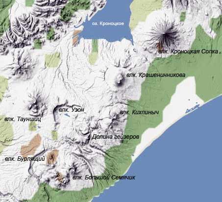 Вулканы Большой Семячик и Бурлящий на рельефной карте Камчатки