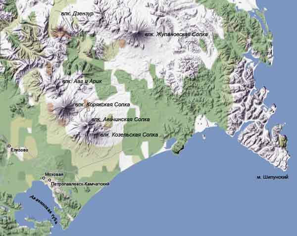 Вулканы Жупановская Сопка и Дзензур на рельефной карте