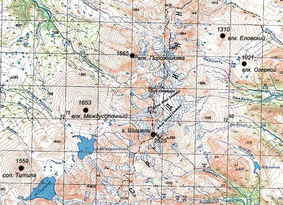 Вулкан Шишель на топографической карте Камчатки