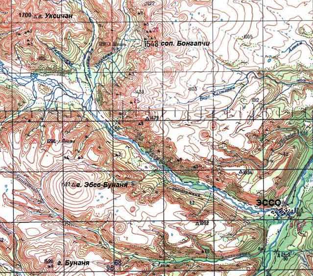 Вулкан Уксичан на топографической карте Камчатки