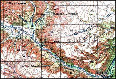 Вулкан Уксичан на топографической карте