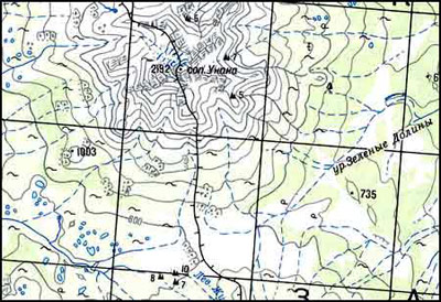 Вулкан Унана на топографической карте Камчатки